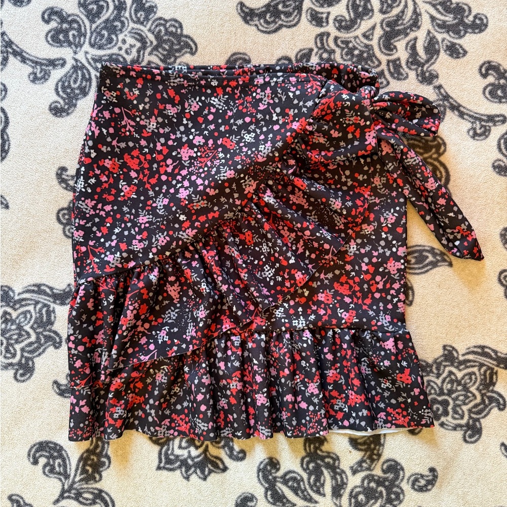 Floral Wrap Ruffle Mini Skirt - Black with Pink & Red